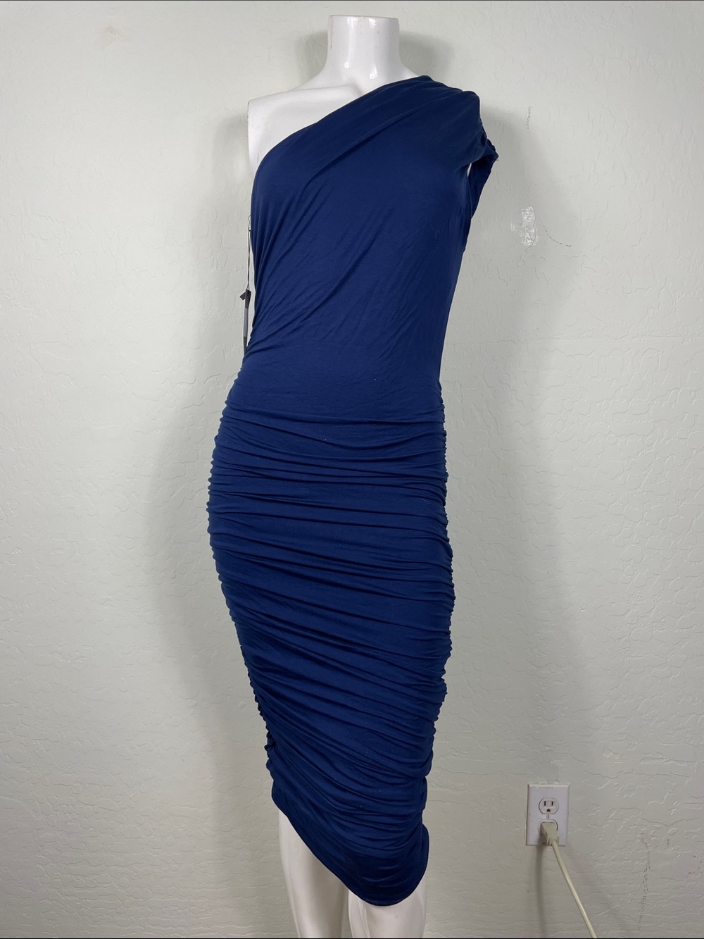 Denim&Co One-Shoulder Ruched Navy Blue Midi Dress